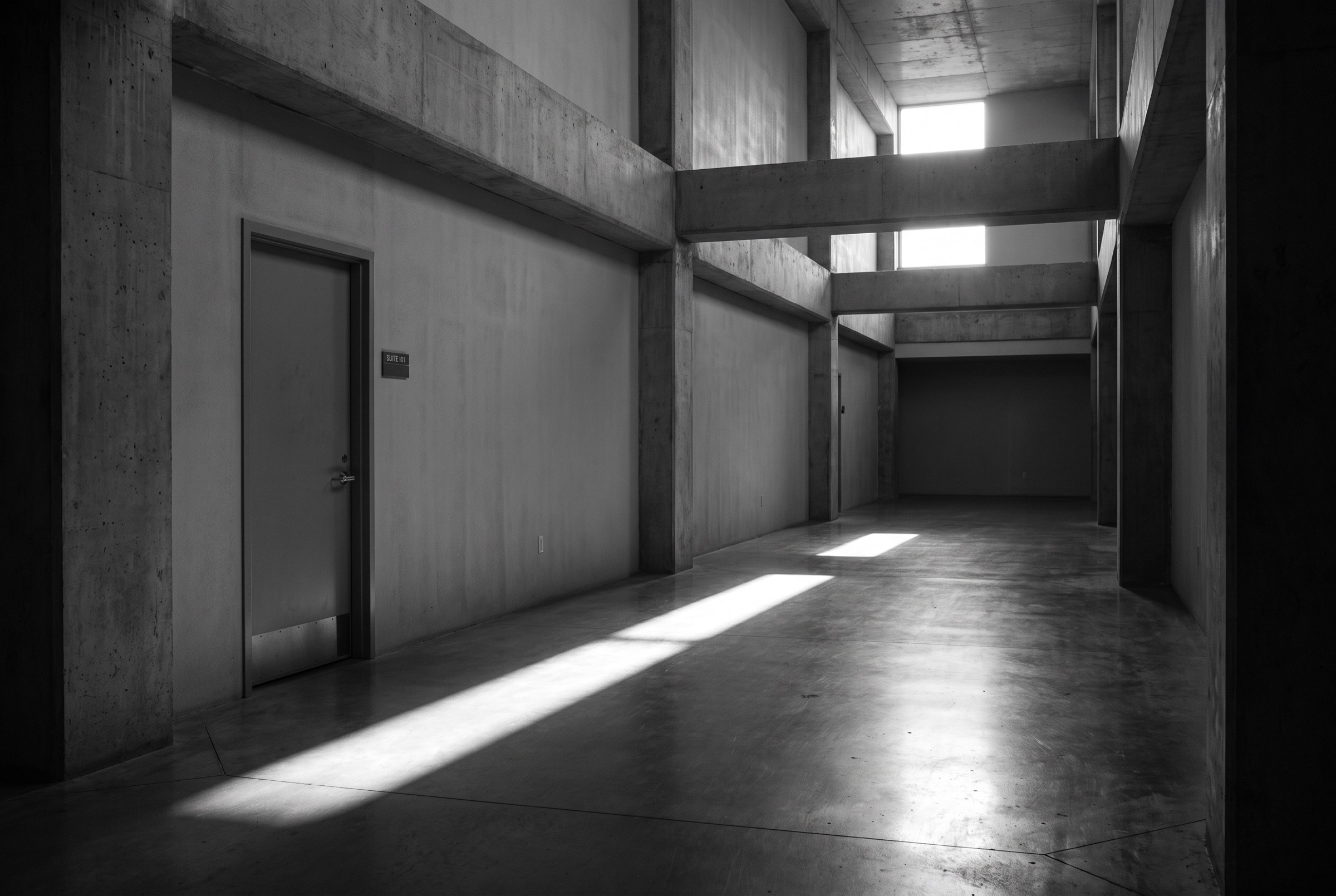 A quiet, dark-walled corridor inside a private medical suite